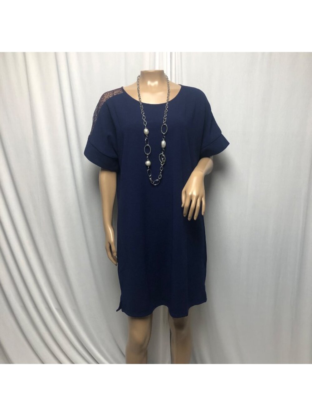 Laklook Dress Womens Size Large Navy Blue Sheer Lace Shoulder Shift NEW